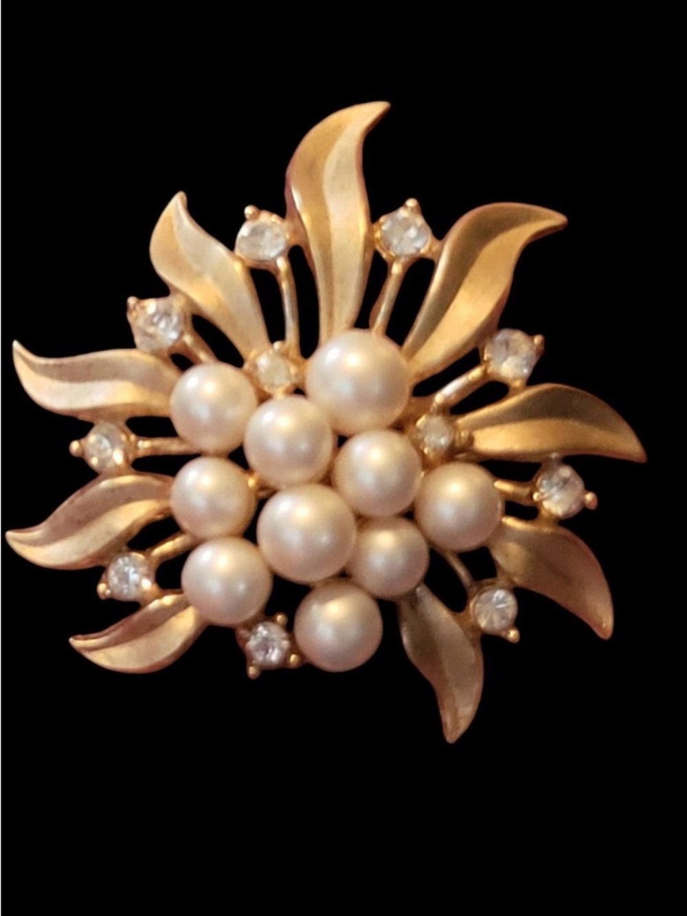 Signed Trifari Gold-Tone Brooch with Ivory Pearls and Clear Crystals